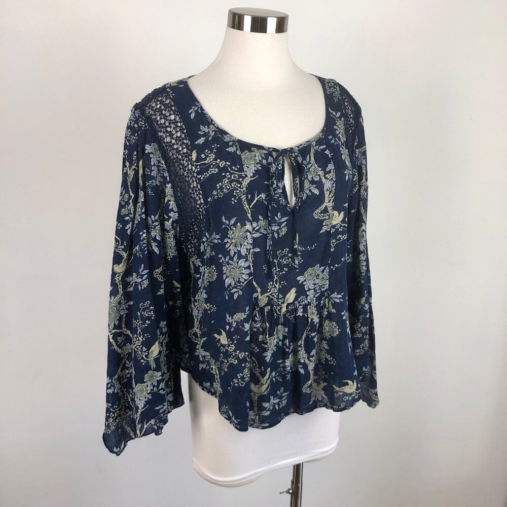 Denim and Supply Ralph Lauren Bird Print Blouse Top Wide Kimono Sleeve Crochet M